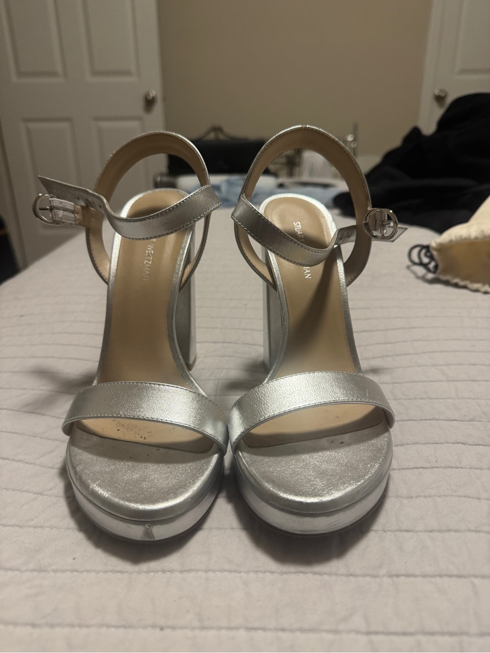 Stuart Weitzman Silver Metallic Block Heel Platform Sandals